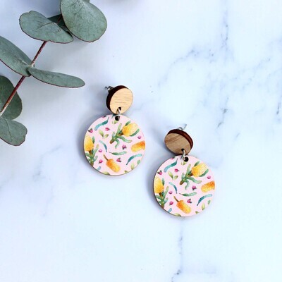 Round pink banksia floral wooden earrings