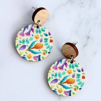 Round green Australian floral wooden earrings