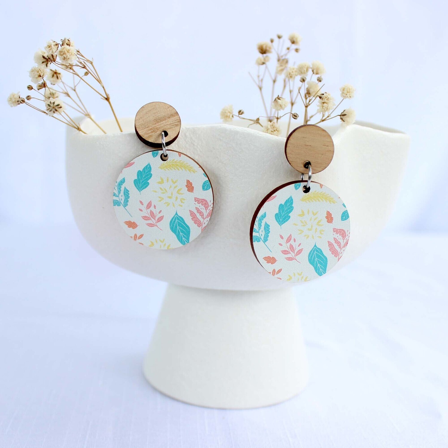Round colourful floral wooden earrings