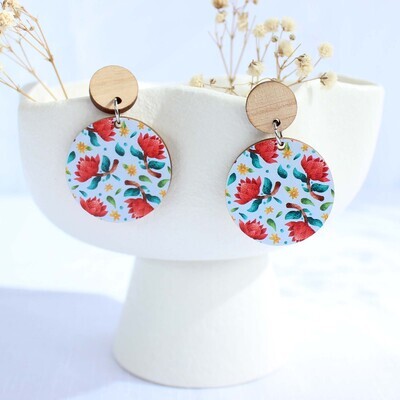 Round Waratah floral wooden earrings