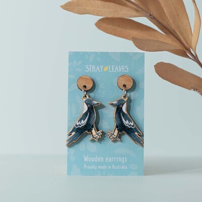 Magpie Australian Bird wooden earrings