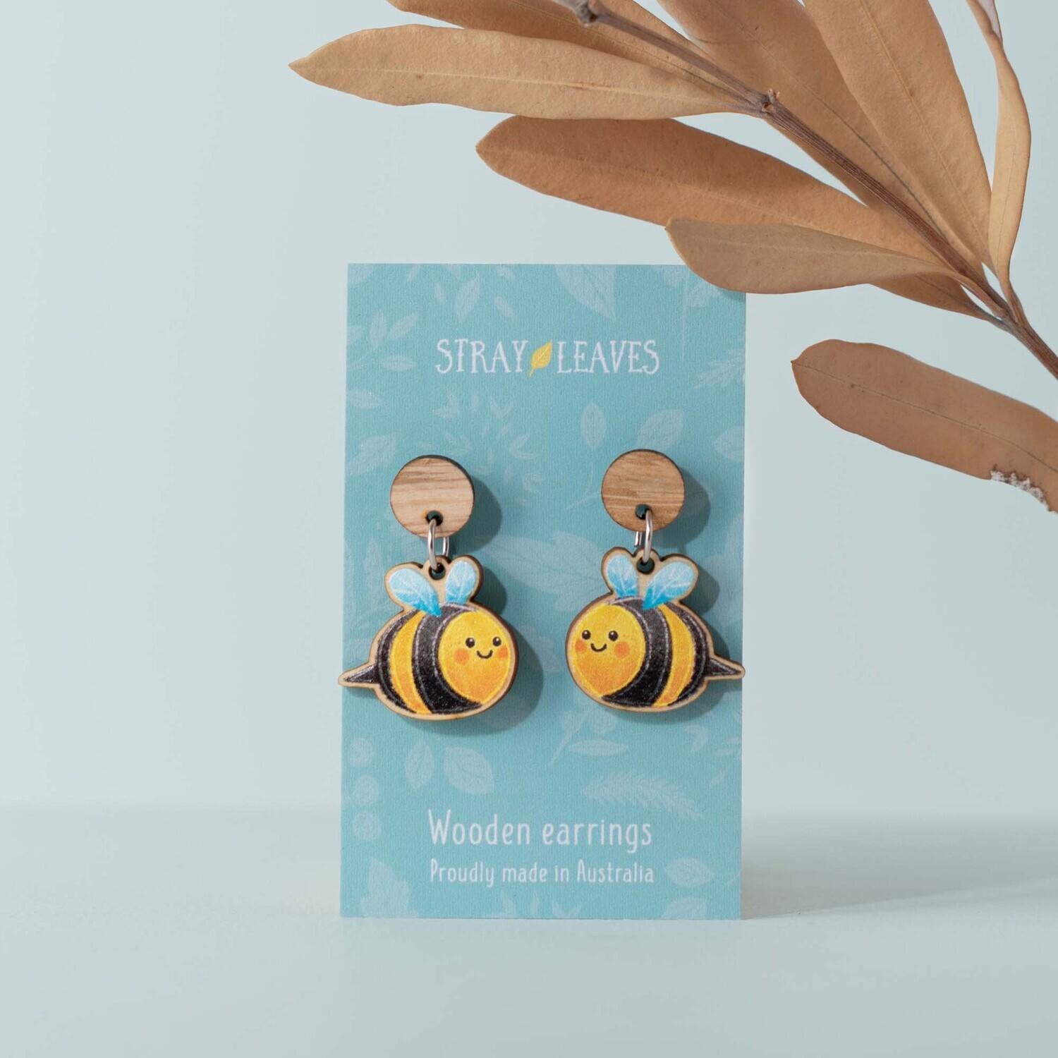 Yellow bee wooden earrings