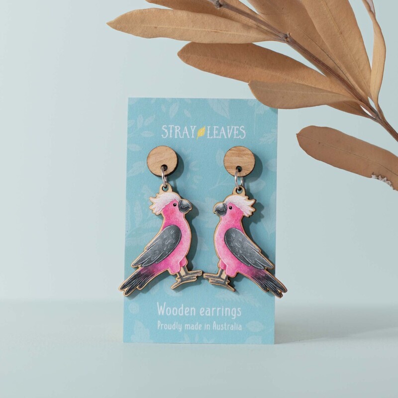 Galah Australian bird wooden earrings