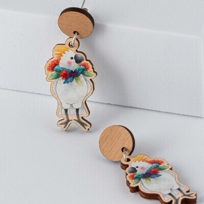 Australian Christmas cockatoo wooden earrings