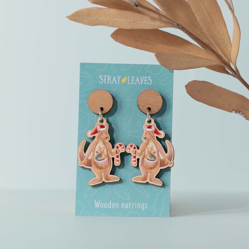 Australian Christmas kangaroo wooden earrings