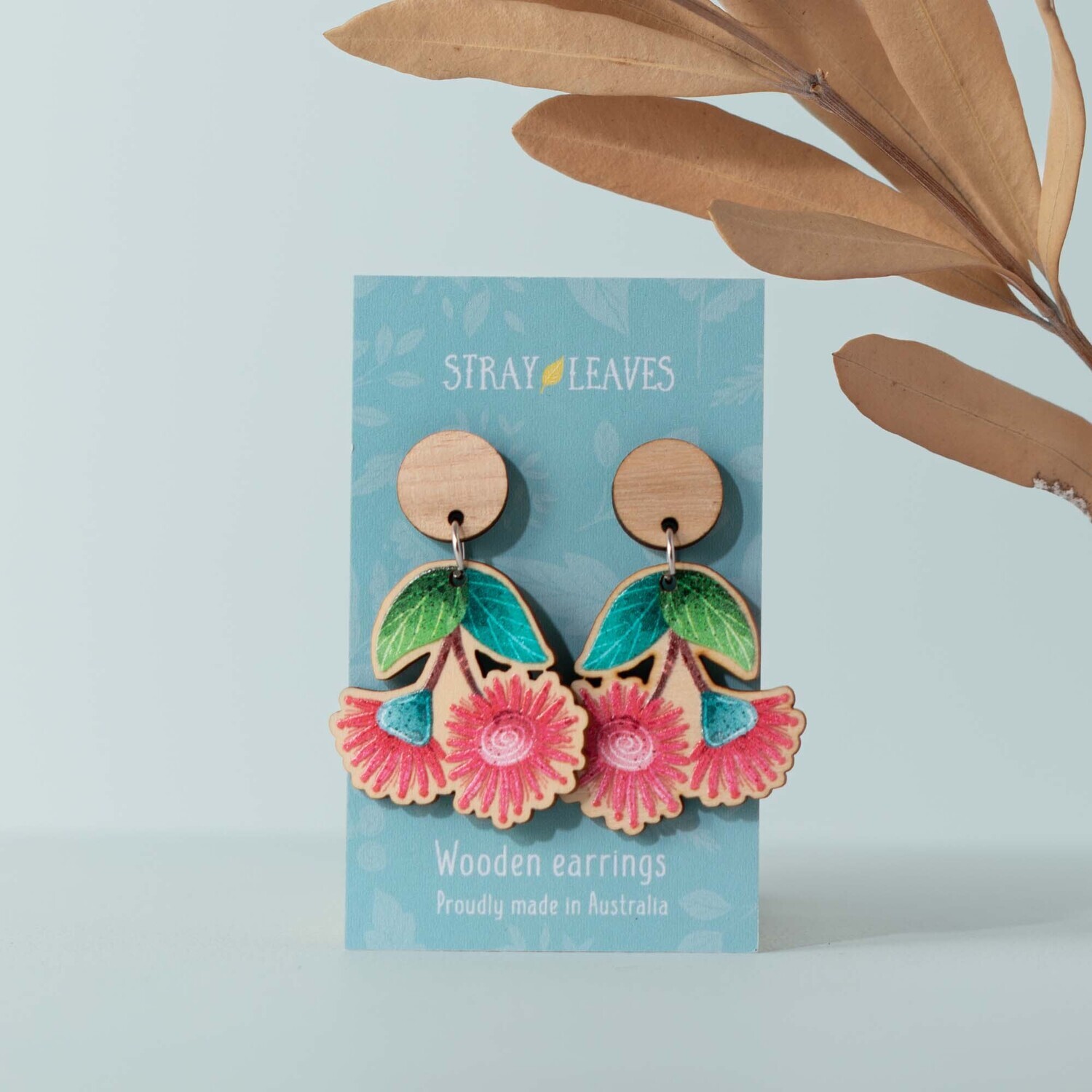 Pink Australian gum leaf blossom wooden earrings