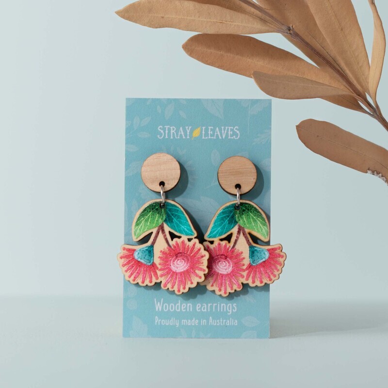 Pink Australian gum leaf blossom wooden earrings