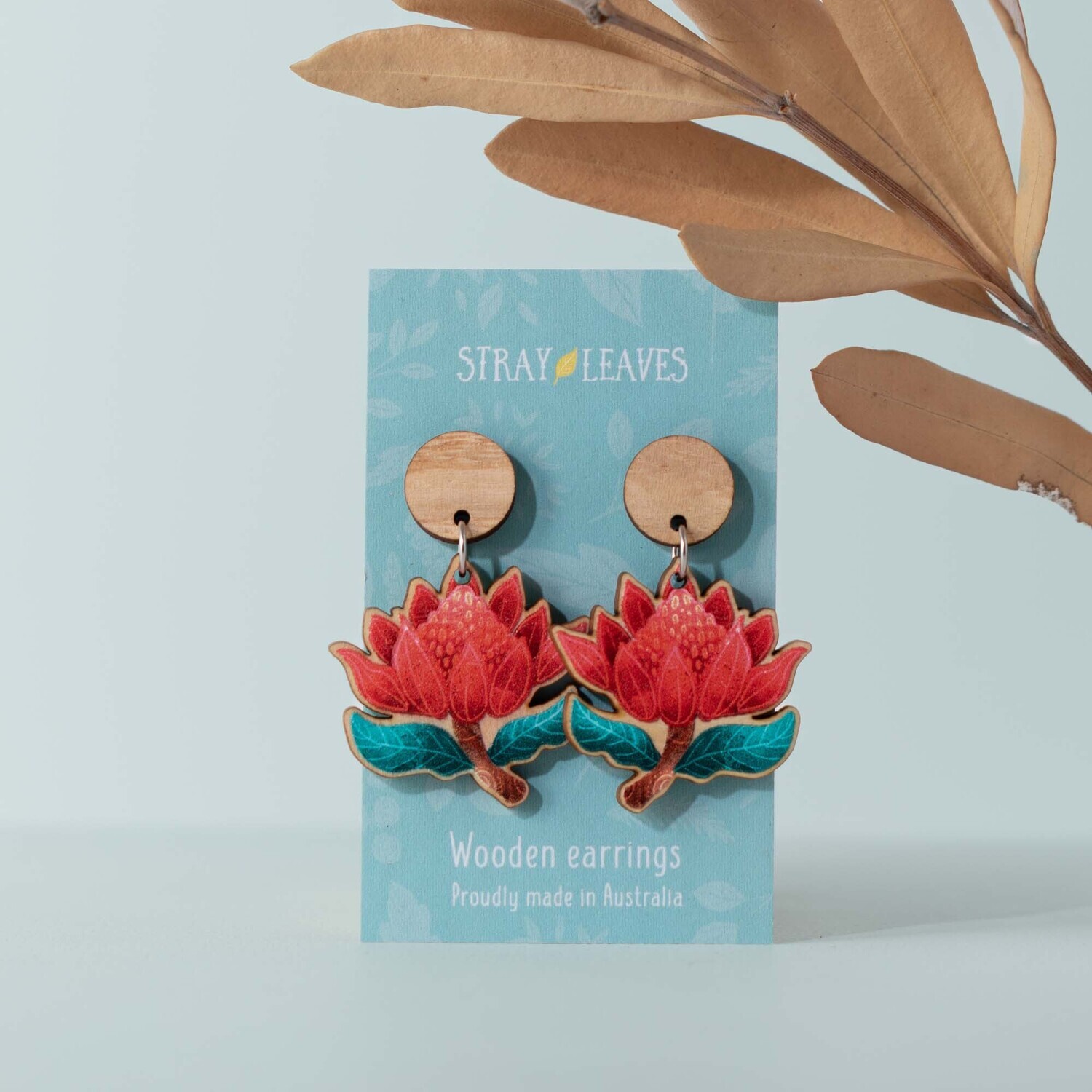 Red Australian waratah wooden earrings