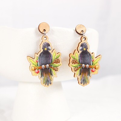 Australian Black Cockatoo wooden statement earrings