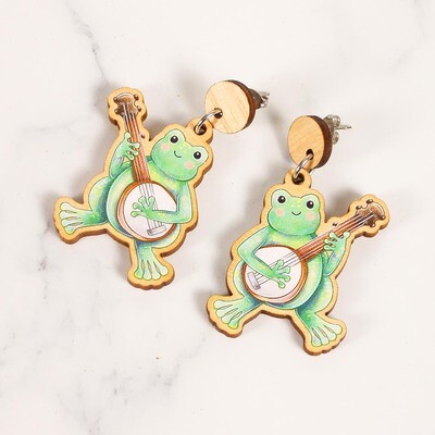Banjo Frog wooden statement earrings