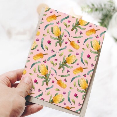 Pink Australian banksia pattern greeting card