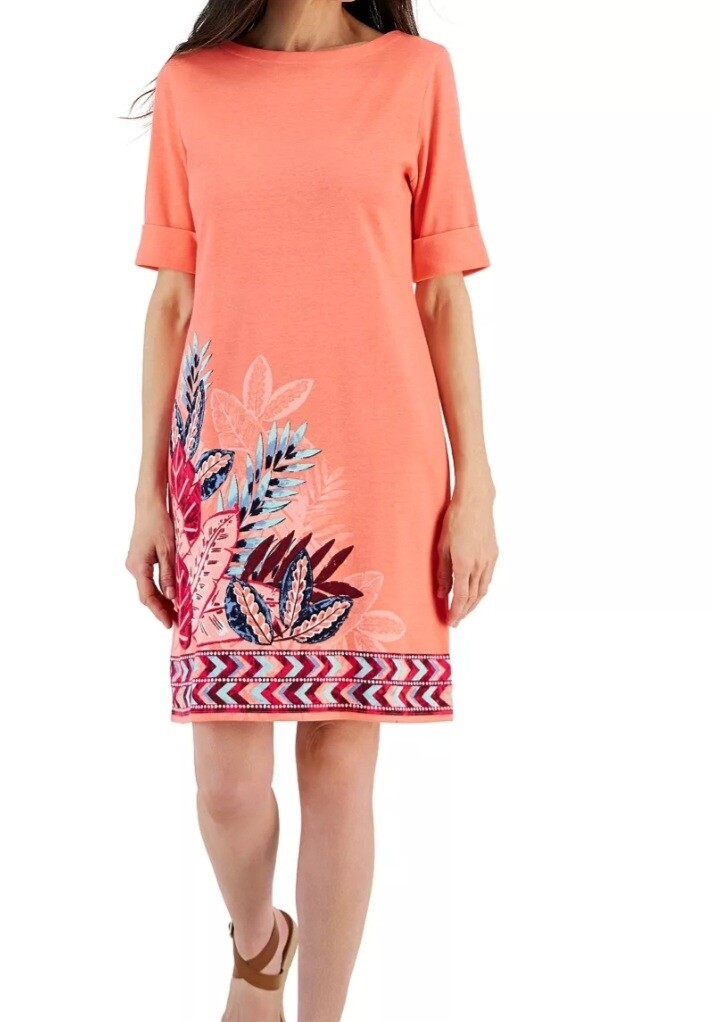 Tropical-Print Elbow-Sleeve Boat-Neck Knit Dress,