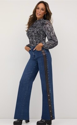 High-Waisted Faux-Leather Snap Wide-Leg Jeans 