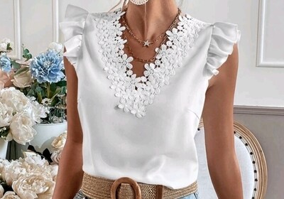 Lace Trim Front ruffle Sleeve Top