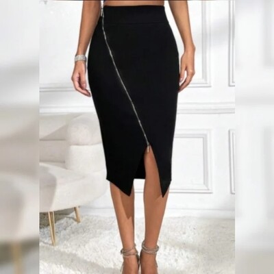 Asymmetric Zip-Front Pencil Skirt