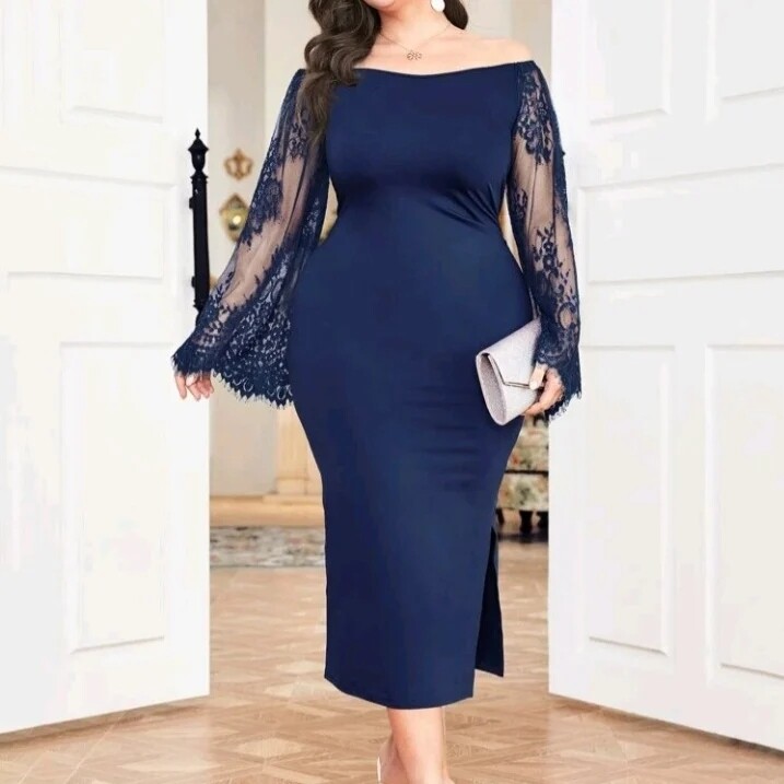 Long  Lace Sleeve crew-Neck  Dress