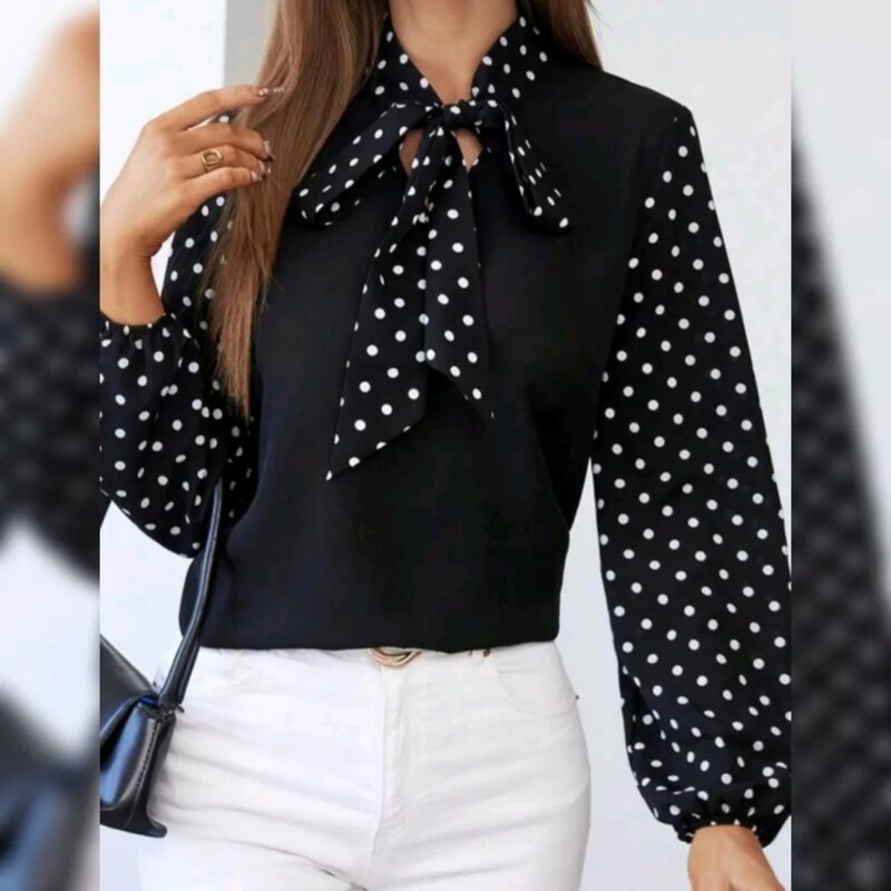 Polka Dot Tie Neck Lantern Sleeve Blouse