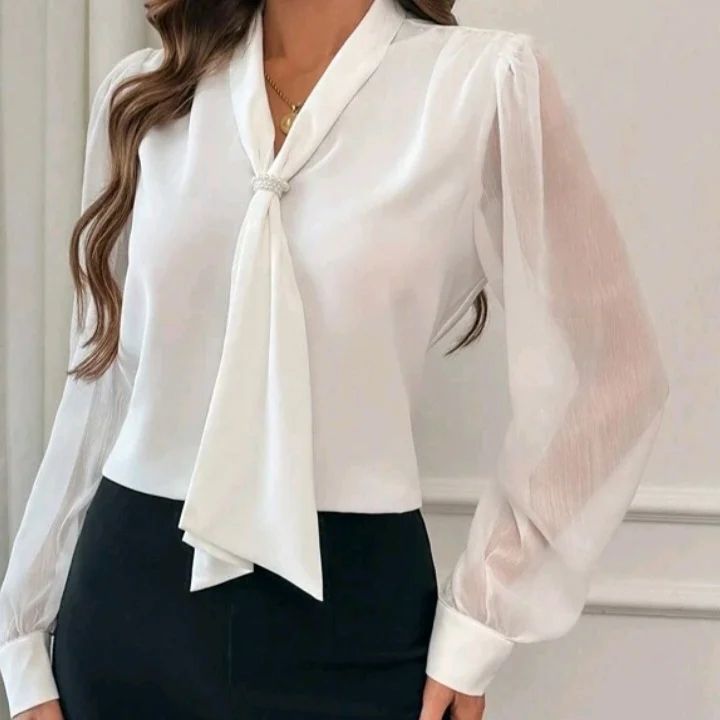 Pearl Beaded Tie Neck Blouse