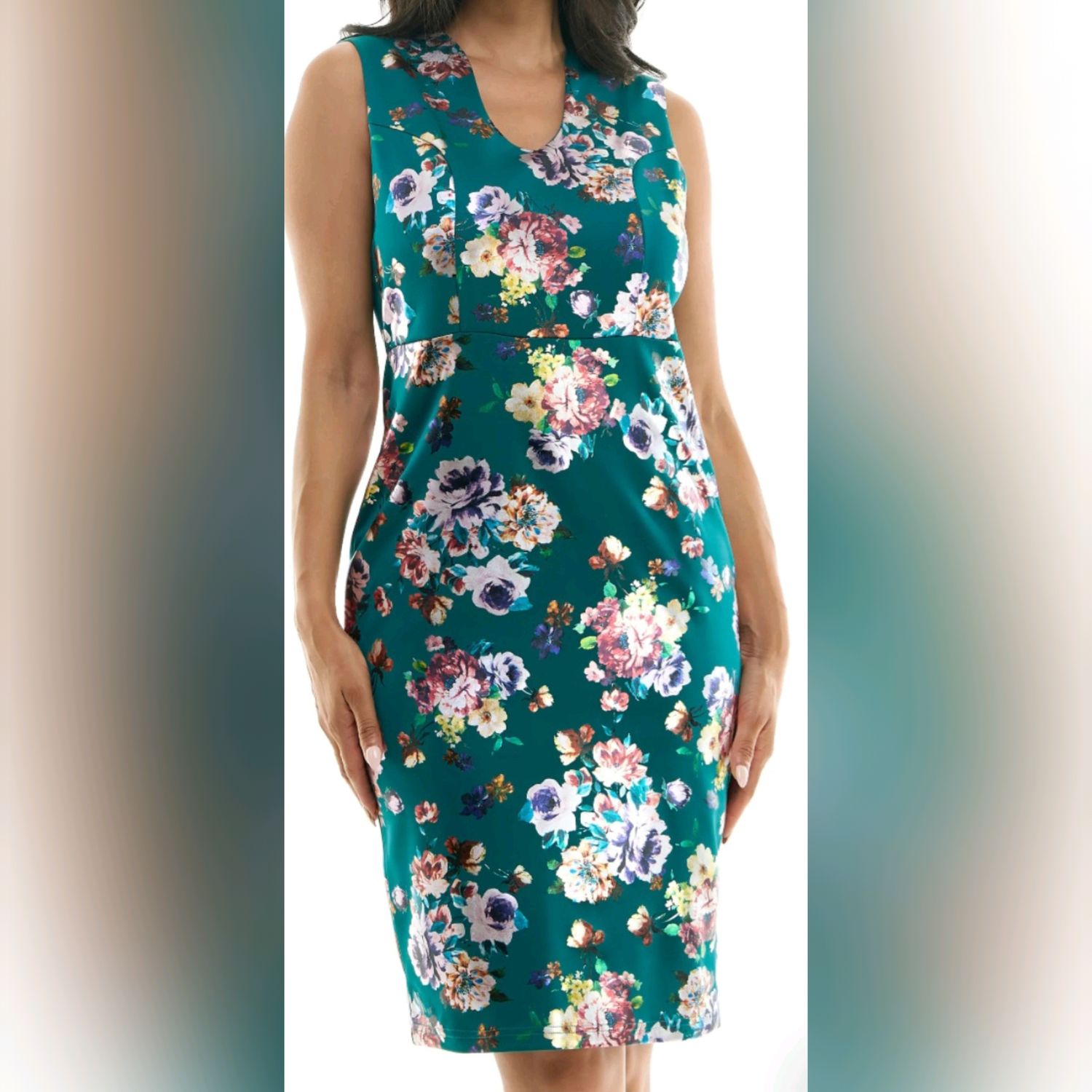 U-Neck Floral Foil Midi Sheath Dress