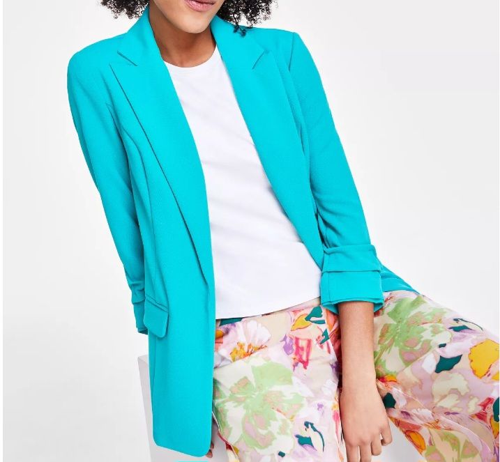 Notch-Lapel Ruched-Sleeve Open-Front Blazer