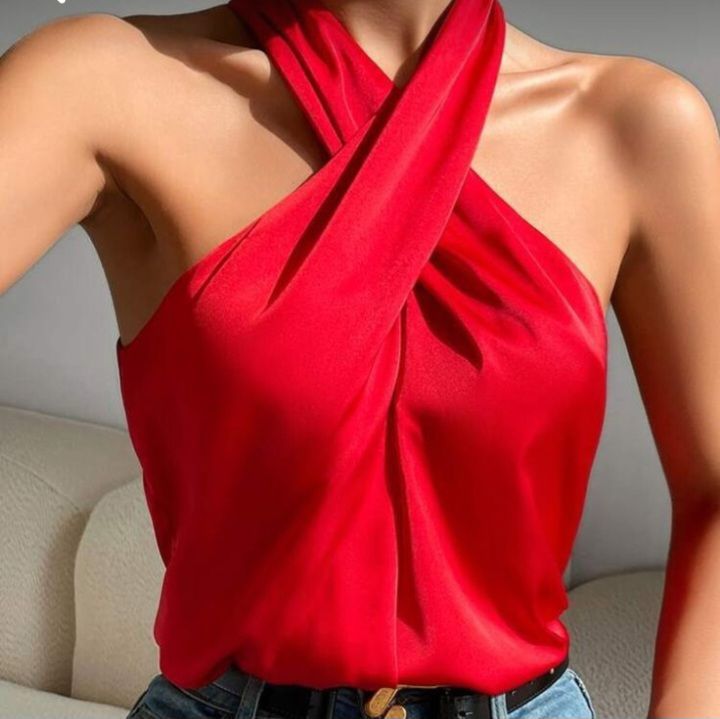 Twisted Halter Satin Top.