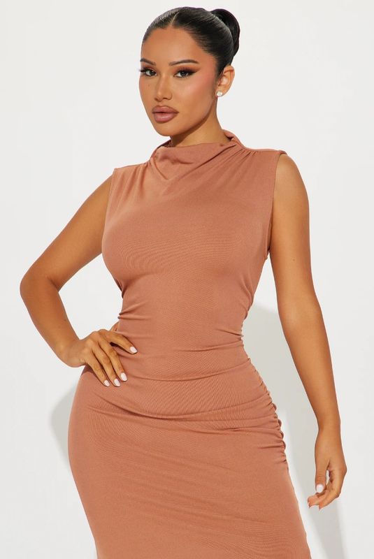 Ruched Mock Neck Maxi Dress