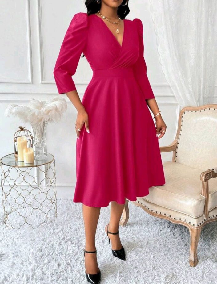Deep V-Neckline, Cinched Waist Dress