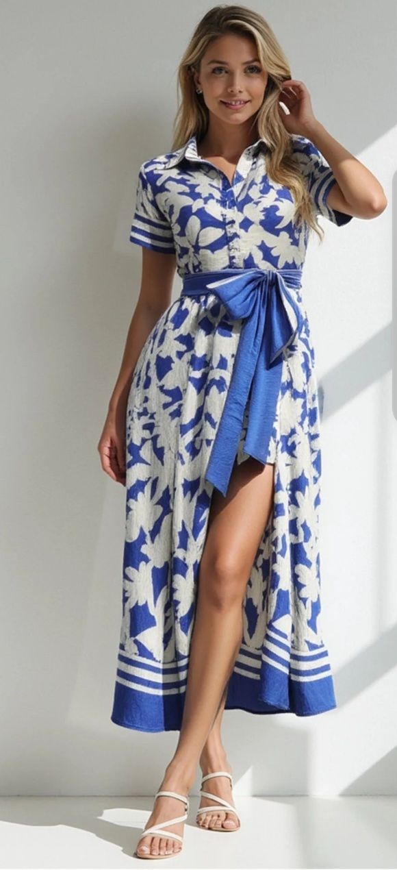 Floral Breeze Tie-Waist Midi Shirt Dress