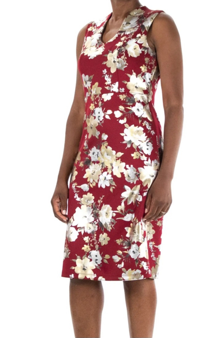U-Neck Floral Foil Midi Sheath Dress