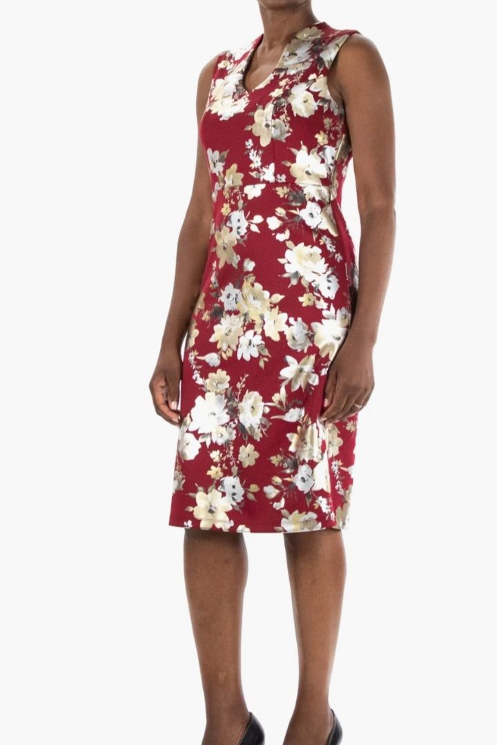 U-Neck Floral Foil Midi Sheath Dress