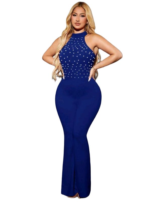 Pearl Beading Halter Neck Jumpsuit