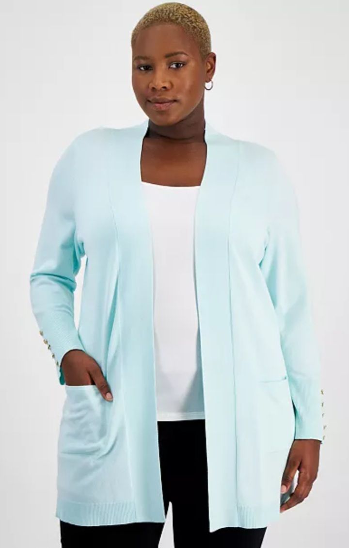 Open Front Cotton Cardigan with Side Pockets  Knee-Length