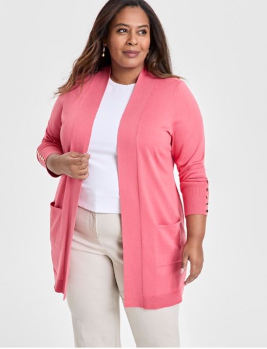 Open Front Cotton Cardigan with Side Pockets – Knee-Length, Relaxed Fit