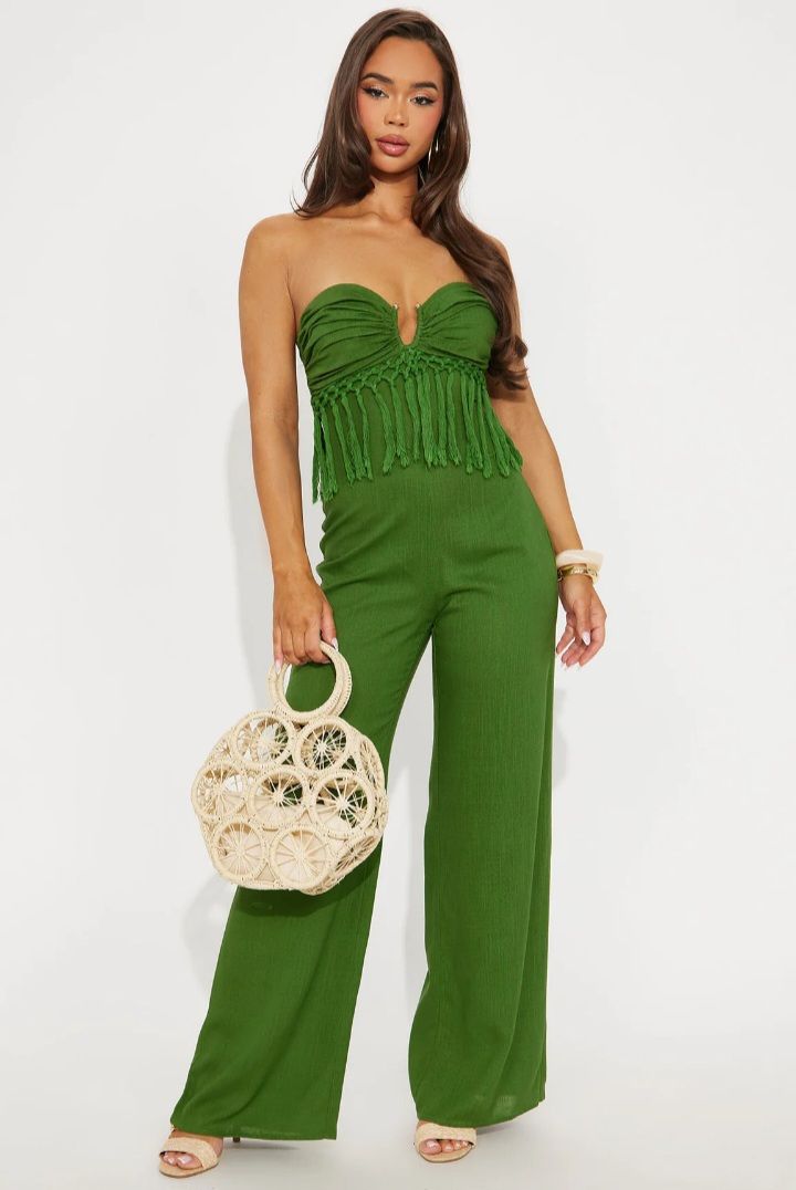 Green Goddess Strapless Linen Jumpsuit