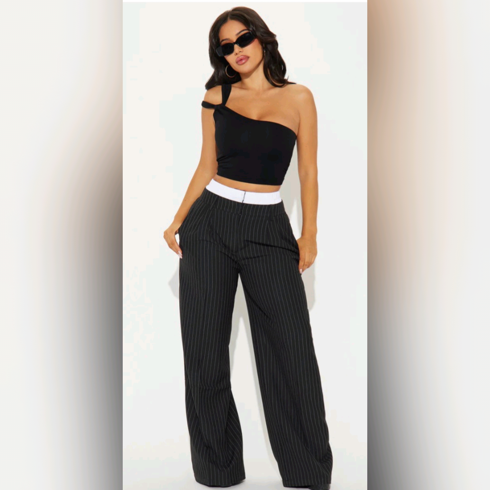 Chic Contrast Pinstripe Wide Leg Trousers