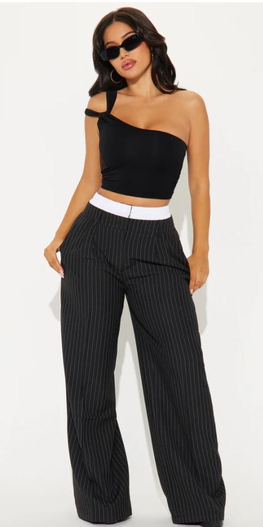 Chic Contrast Pinstripe Wide Leg Trousers