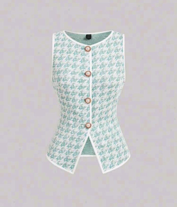 Vintage Houndstooth Single-Breasted Knit Vest