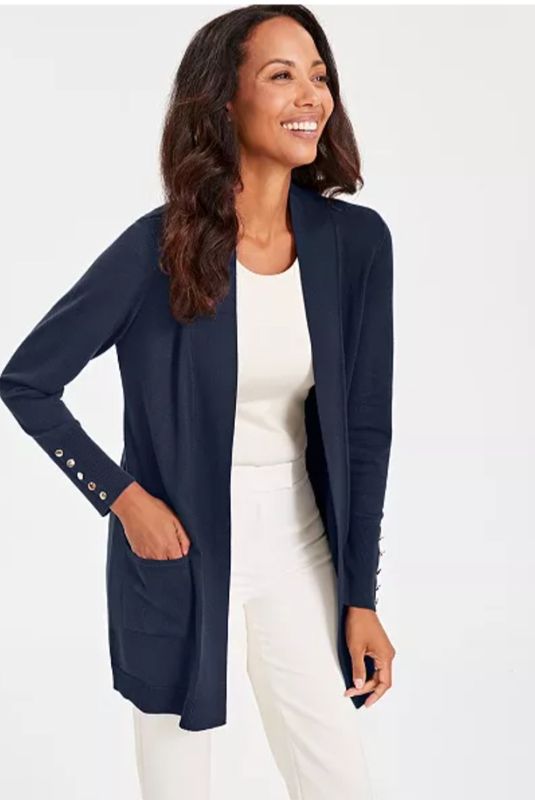 Open Front Cotton Cardigan with Side Pockets – Knee-Length, Relaxed Fit