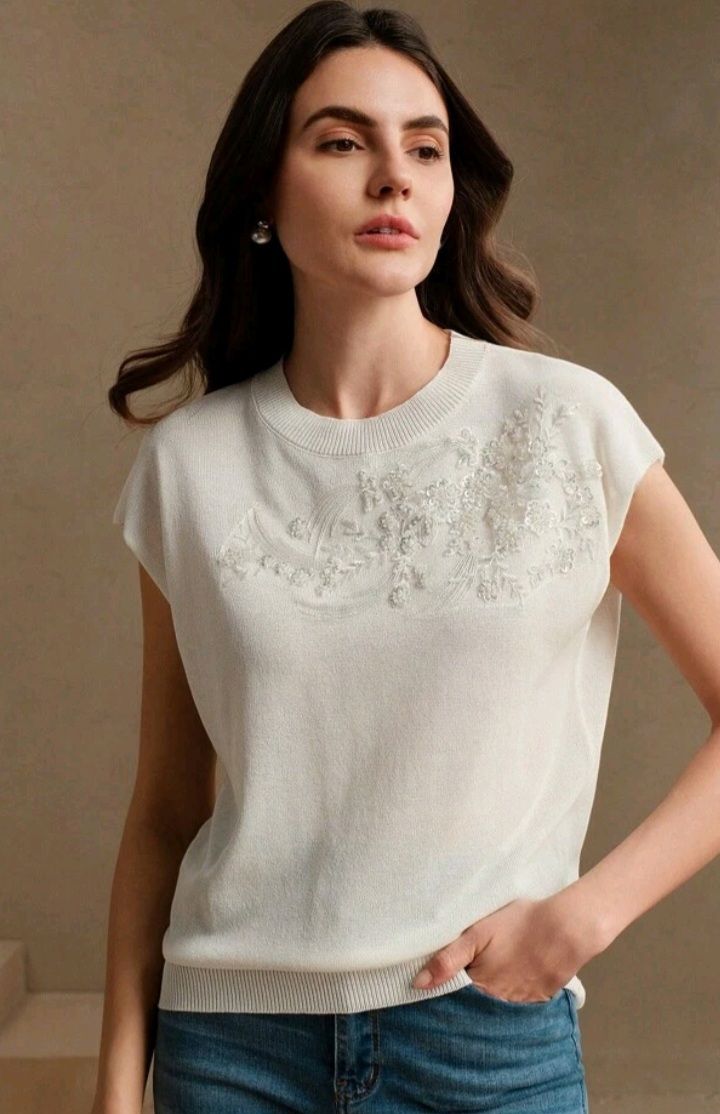 Crew Neck Beaded Embroidered Rhinestone Top