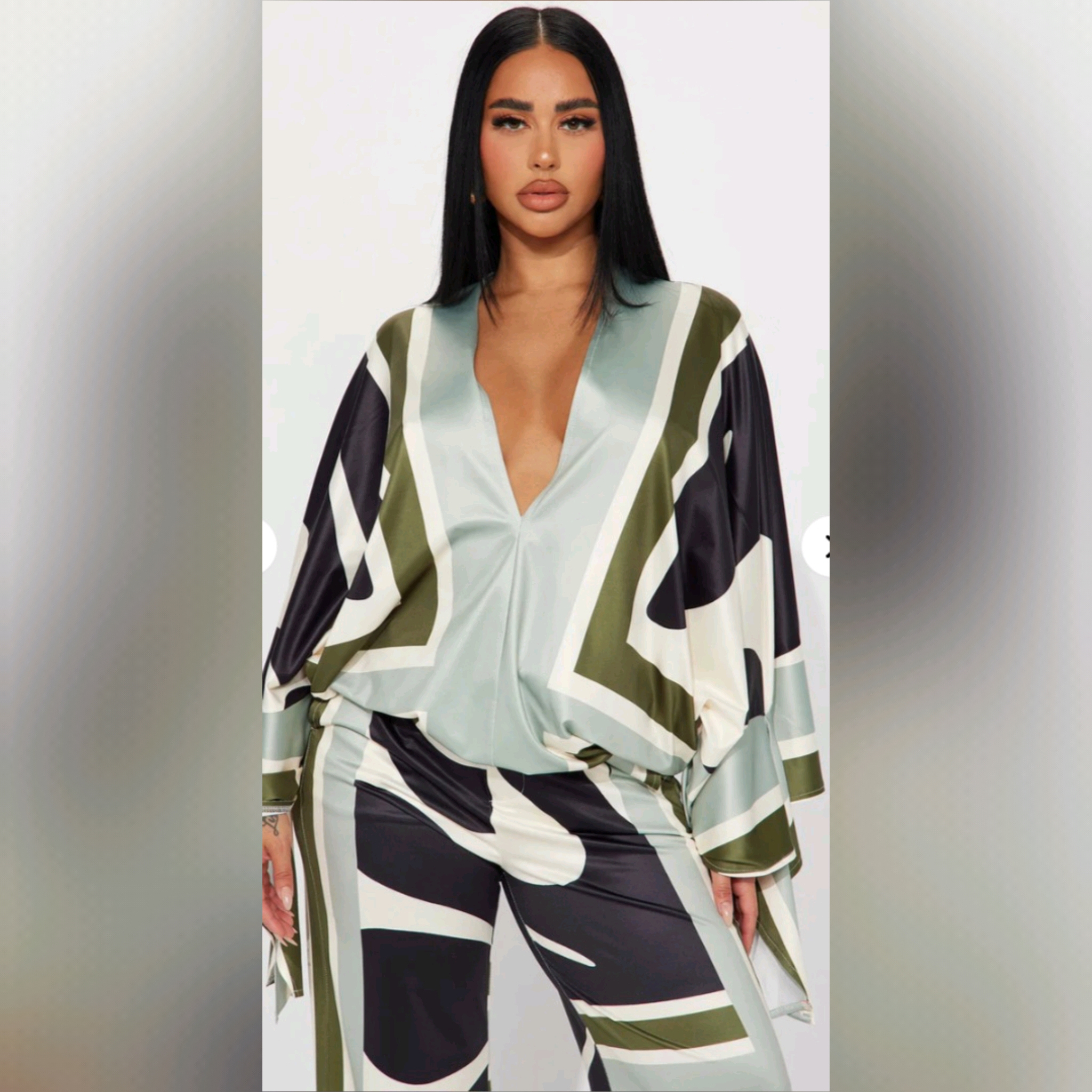  Sage Combo V-Neck Wide-Leg Pant Set