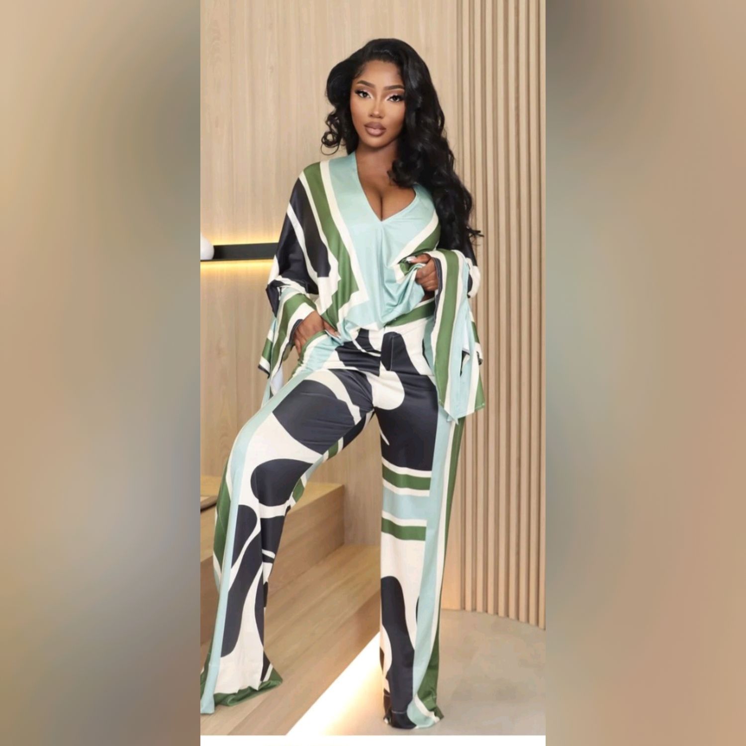  Sage Combo V-Neck Wide-Leg Pant Set