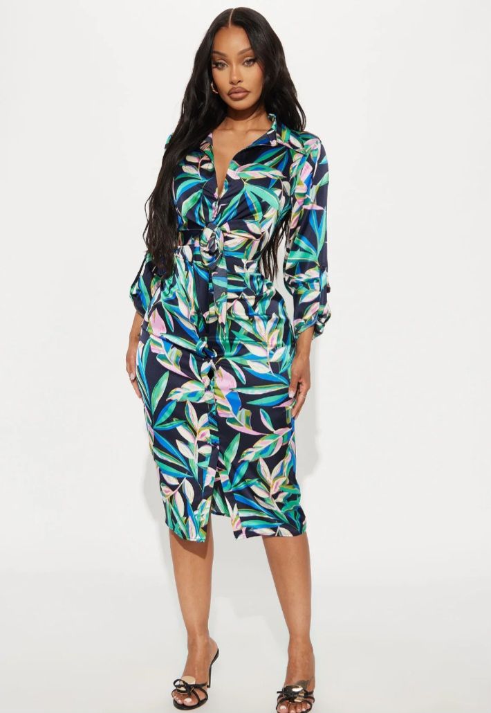  Satin Tie-Front Shirt Midi Dress