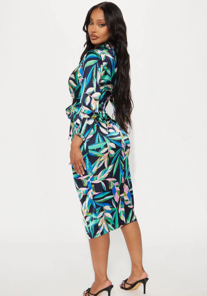  Satin Tie-Front Shirt Midi Dress