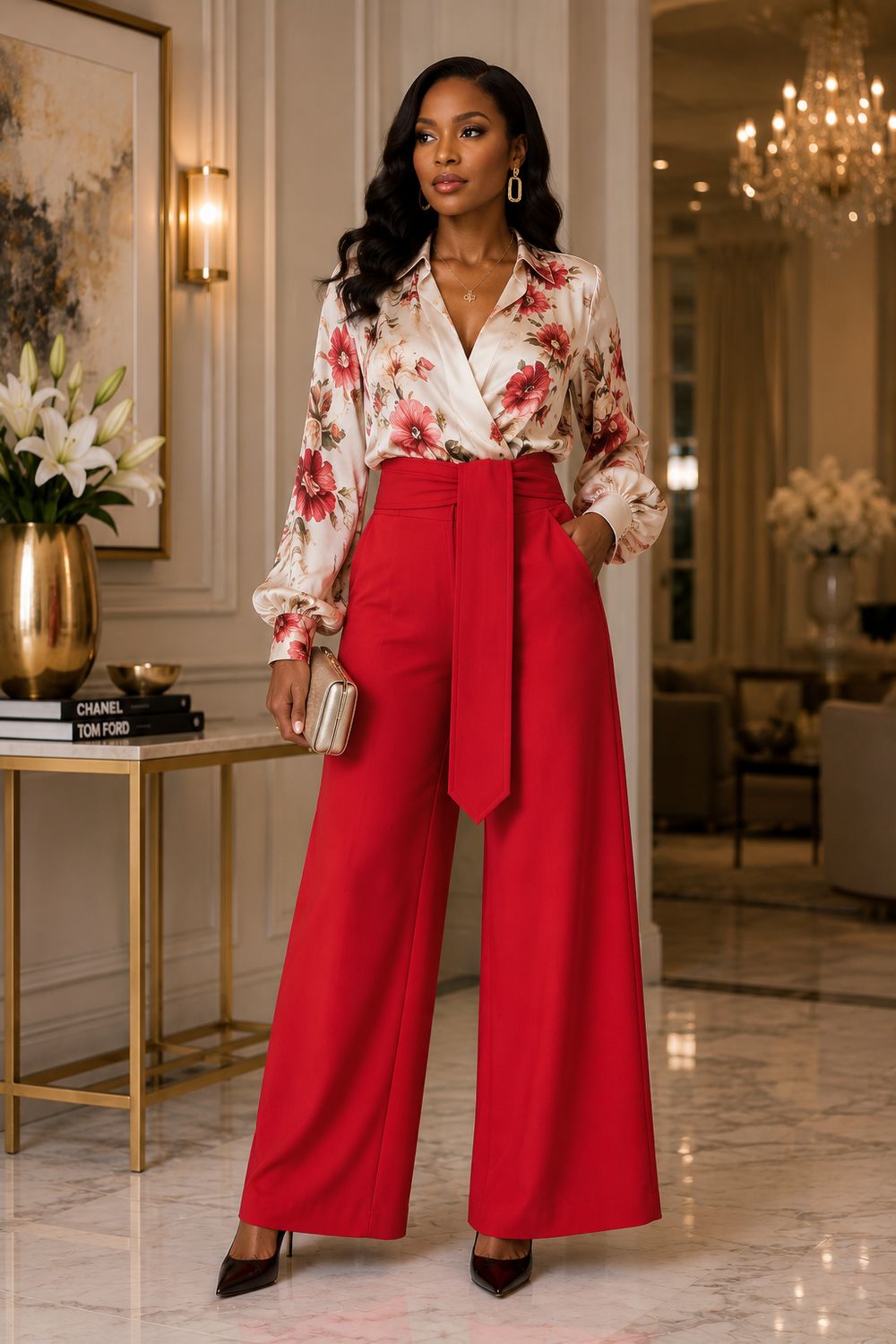Belted Topstitch High Waist Pants