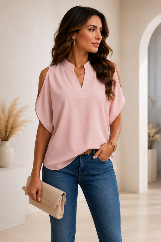 Cold Shoulder Notched Neckline  Blouse