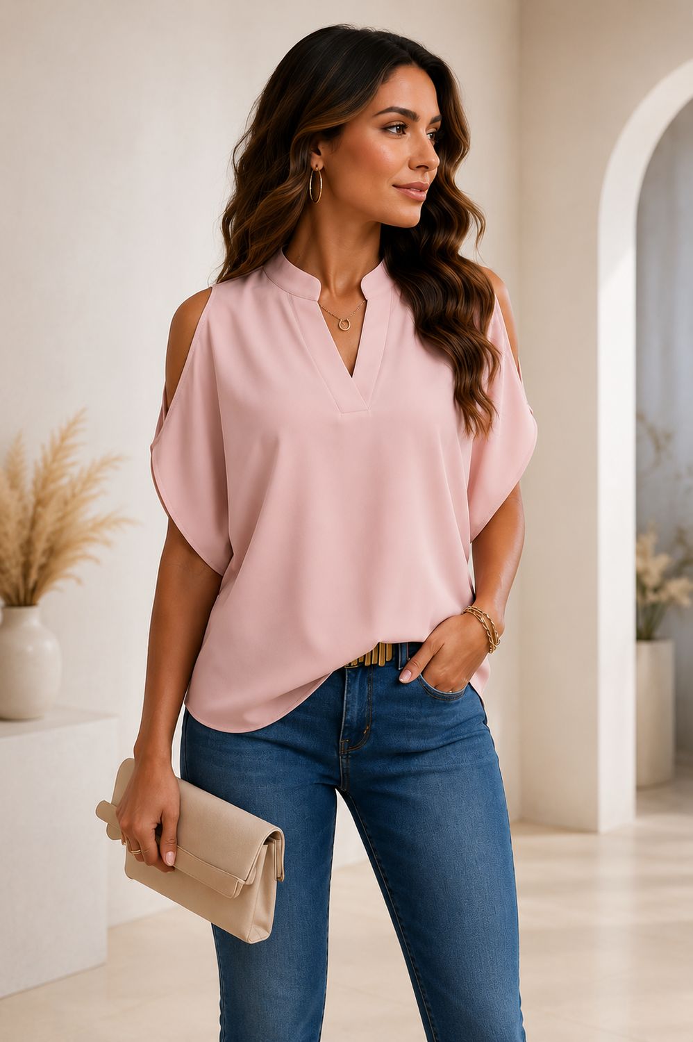 Cold Shoulder Notched Neckline  Blouse