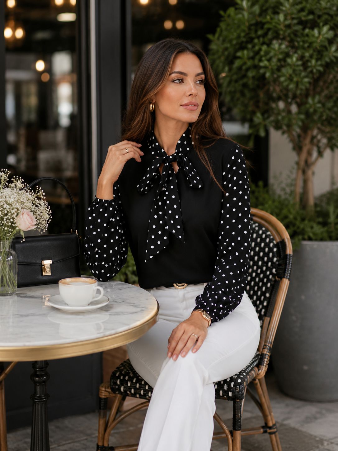 Polka Dot Tie Neck Lantern Sleeve Blouse