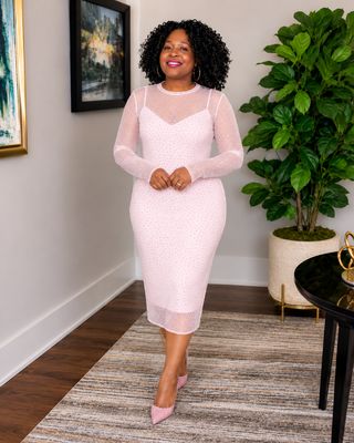 Rhinestone Long Sleeve Mesh Dress