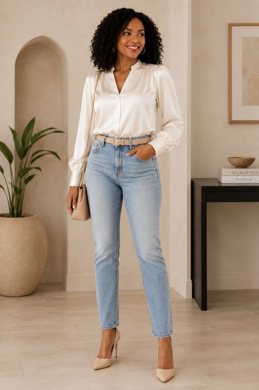 Solid lantern Sleeve Satin Blouse,
