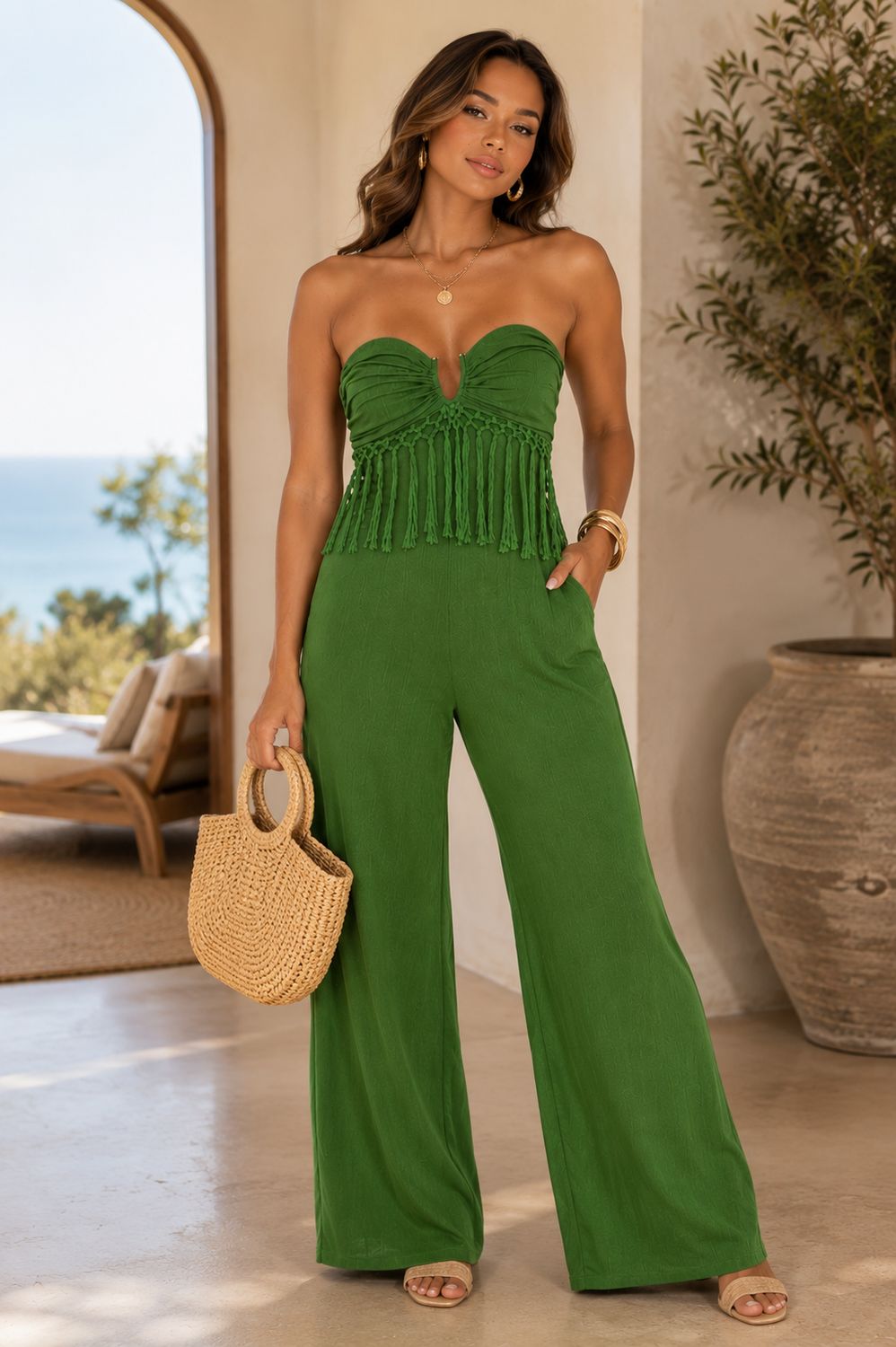 Green Goddess Strapless Linen Jumpsuit